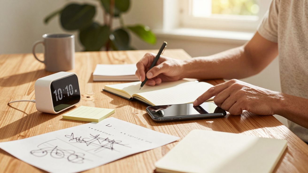 Pessoa a escrever num caderno com telemóvel e relógio digital na mesa de madeira, luz solar ao fundo.