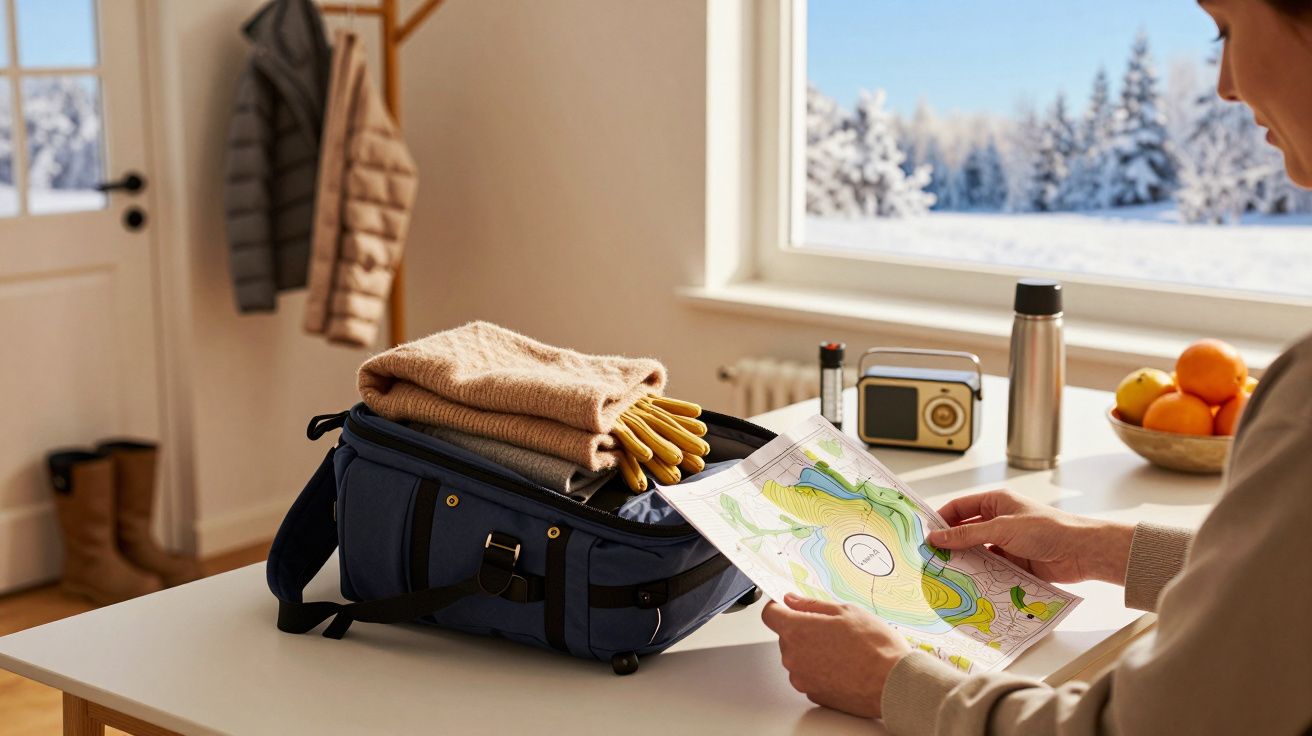 Pessoa segura mapa ao lado de mala com roupa, numa casa com vista para neve e mesa com rádio e fruta.
