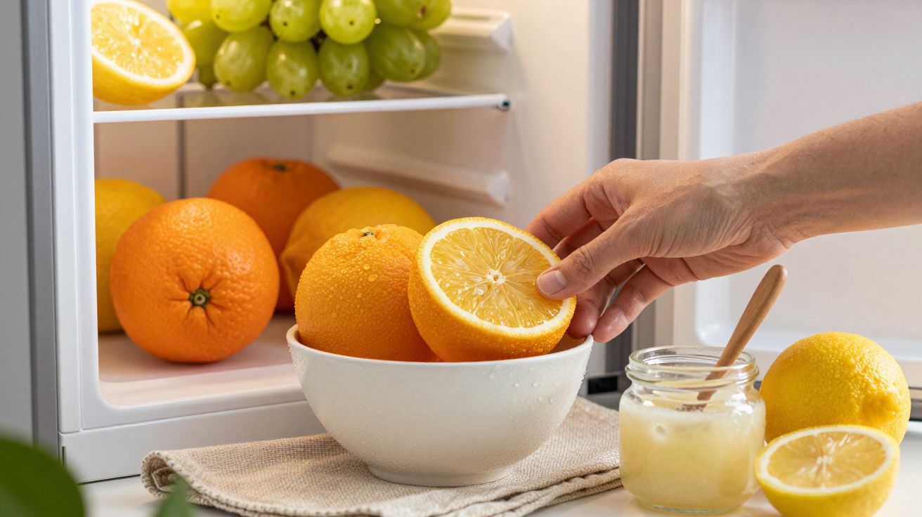 Mão a colocar meia laranja numa tigela com frutas num frigorífico, ao lado de um frasco de mel e pano.