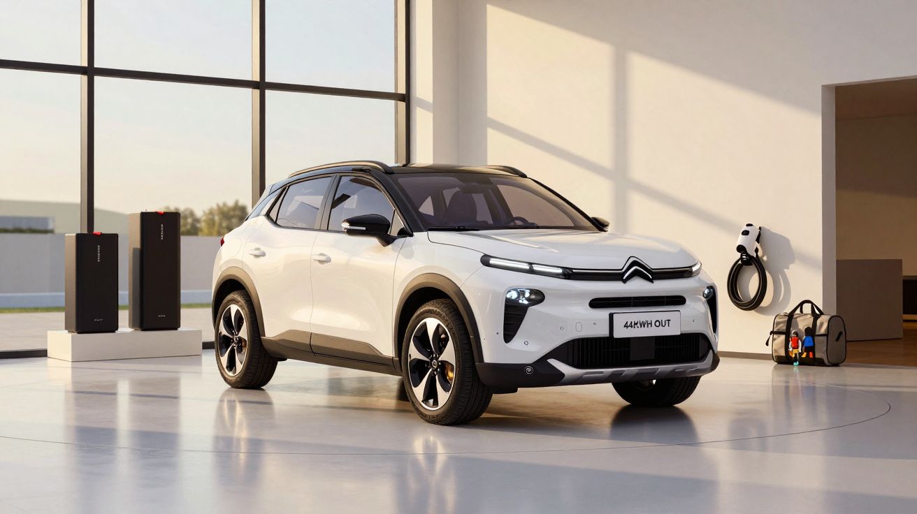 SUV Citroën branco numa garagem moderna com janelas amplas e equipamento de carregamento elétrico na parede.