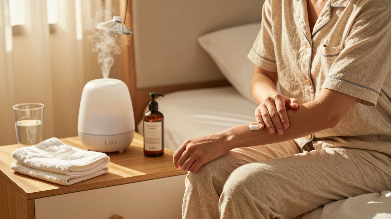 Pessoa em pijama aplica creme na pele ao lado de um humidificador e toalhas numa mesa de cabeceira.