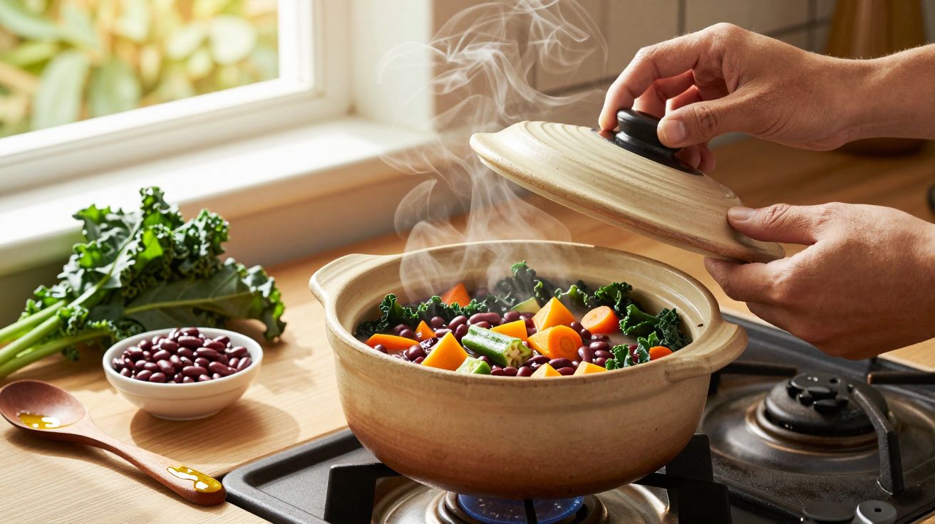 Pessoa a abrir uma panela de barro com legumes e feijão a cozer ao lume, rodeada por ingredientes frescos.