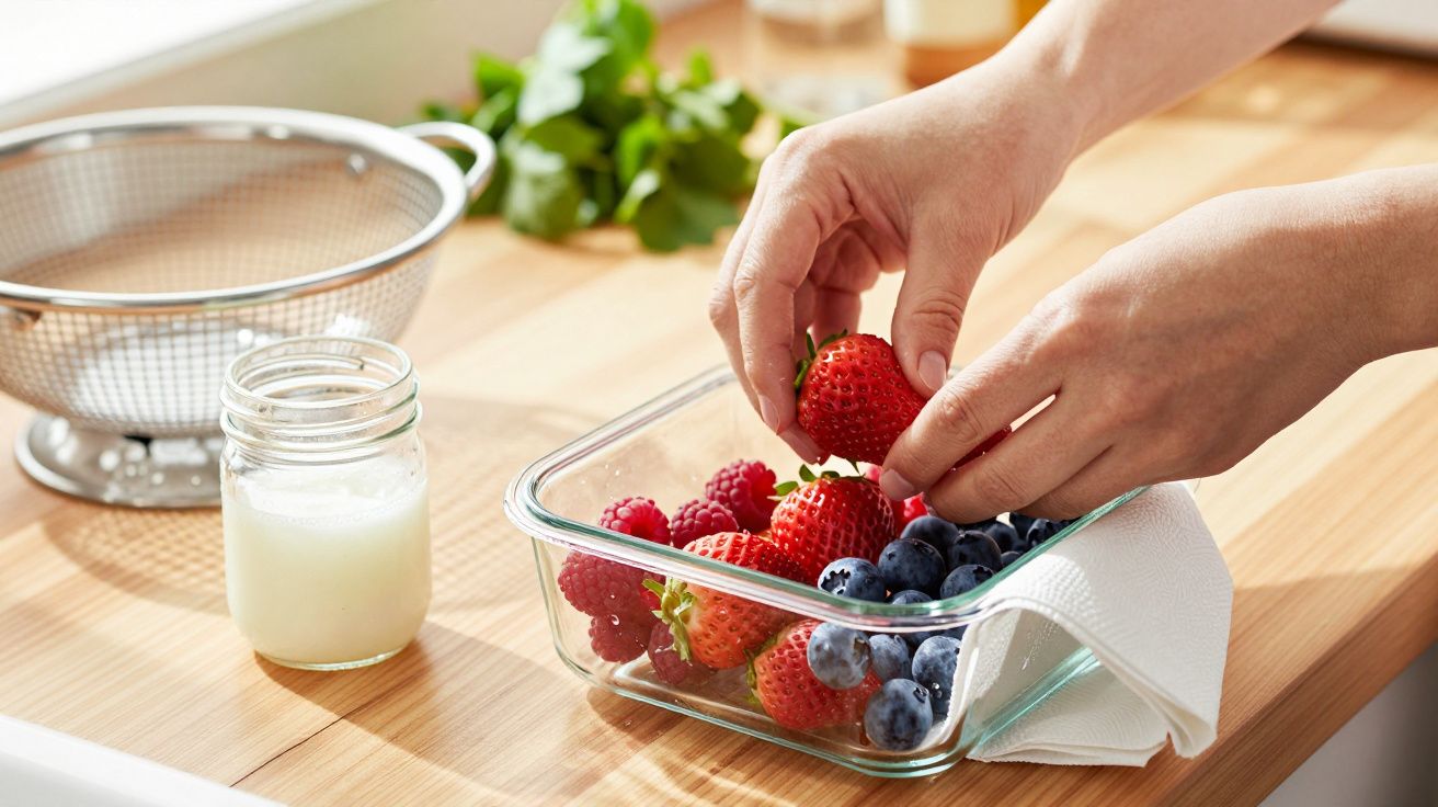 Mãos colocando morangos e mirtilos numa tigela de vidro; coador e frasco com líquido ao lado.