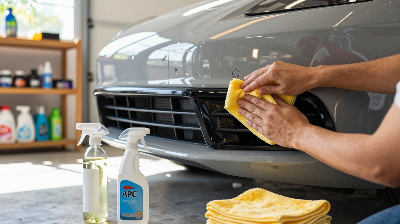 Pessoa a polir o para-choques de um carro cinzento com pano amarelo e produtos de limpeza ao lado.