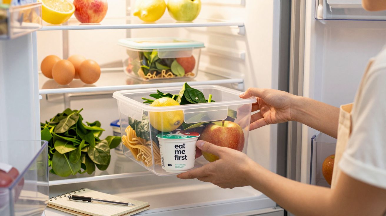 Pessoa a guardar caixa de comida com maçãs, espinafres e iogurte num frigorífico organizado com frutas e ovos.