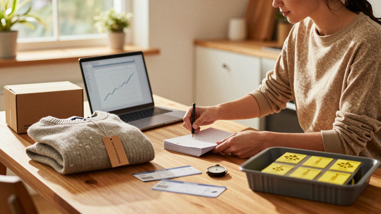 Mulher ao computador a escrever num caderno, com roupa e caixa ao lado, dando atenção a detalhes organizacionais.