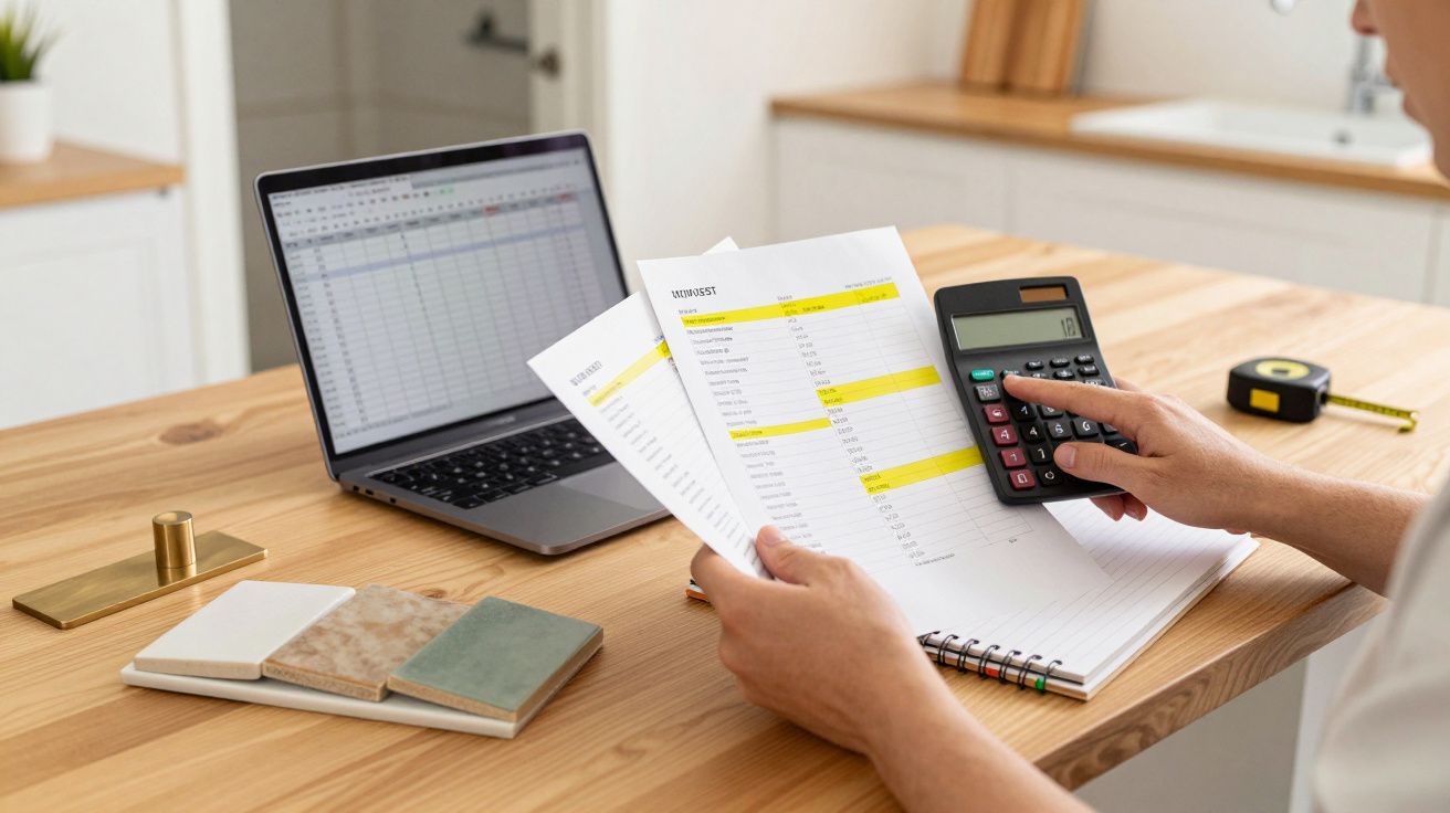 Pessoa a usar calculadora e folhas de orçamento, com portátil aberto sobre a mesa.
