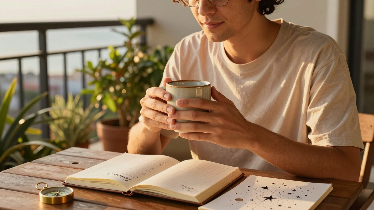 Homem segurando uma caneca, sentado à mesa com caderno aberto e plantas ao fundo.