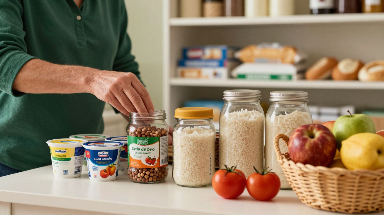Pessoa organiza frascos de comida e fruta num balcão de cozinha.