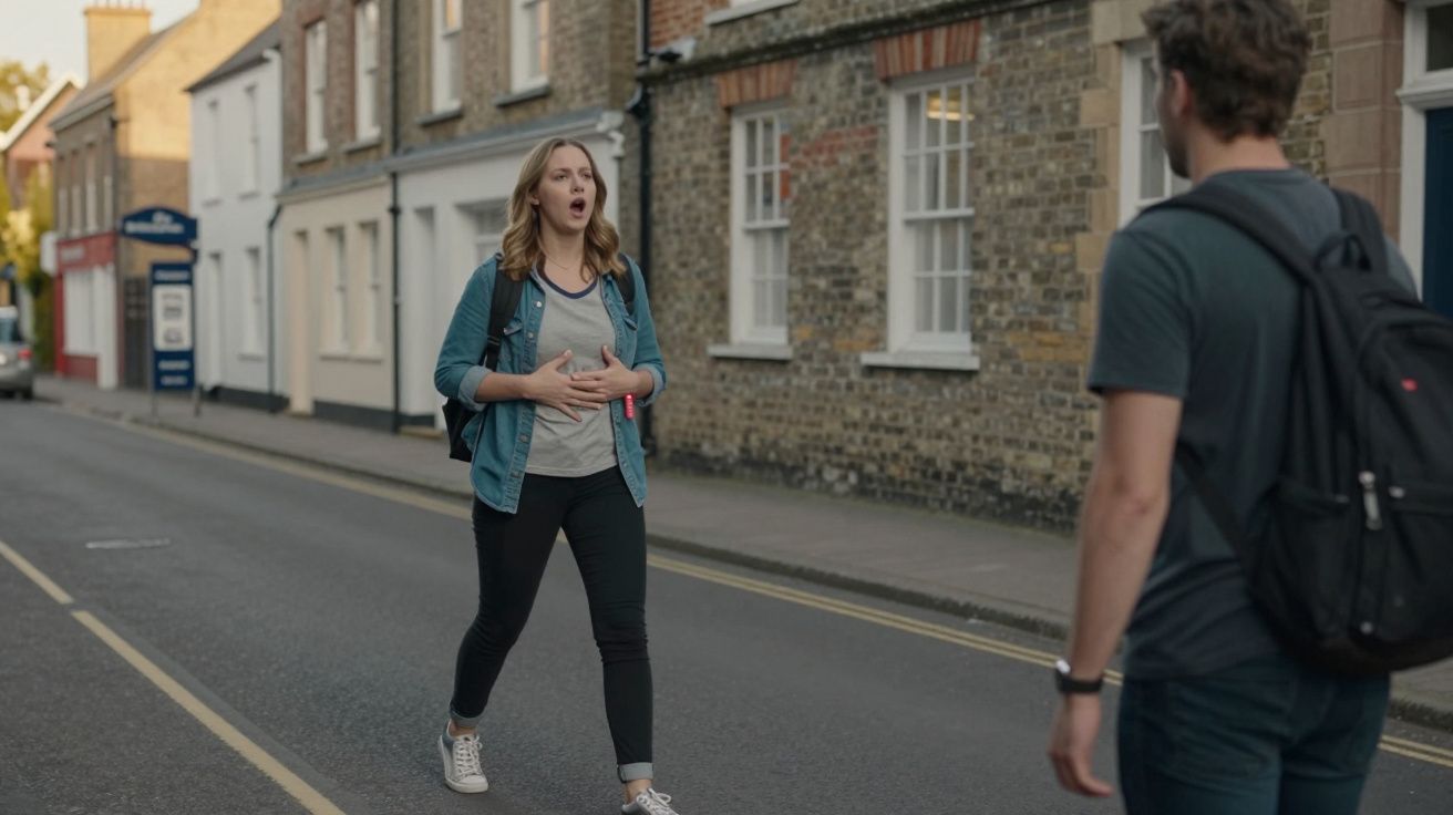 Mulher caminhando numa rua, gesticulando enquanto fala com um homem; edifícios de tijolo ao fundo.