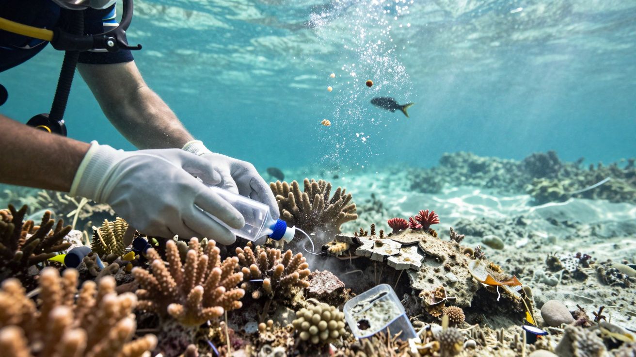 Mergulhador com luvas brancas manipula corais debaixo de água, rodeado por peixes e corais coloridos.