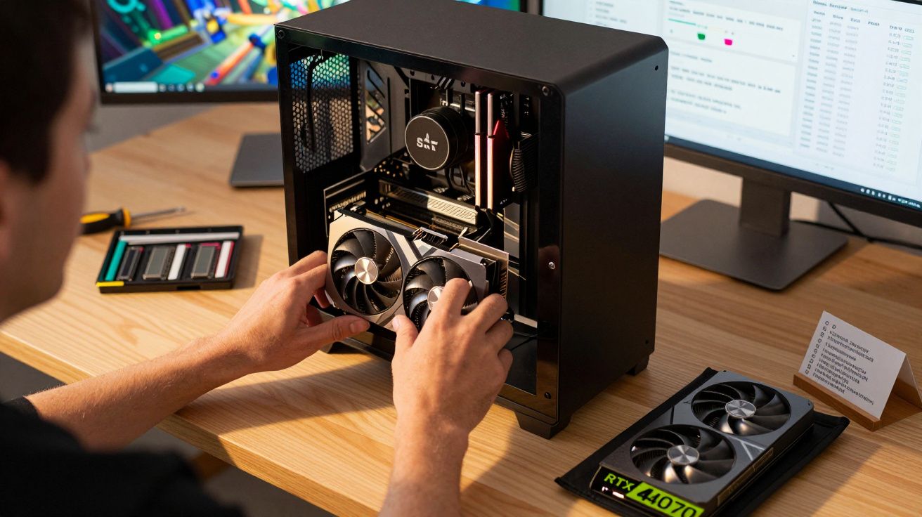 Pessoa instalando uma placa gráfica num computador em cima de uma secretária com monitores e ferramentas ao fundo.