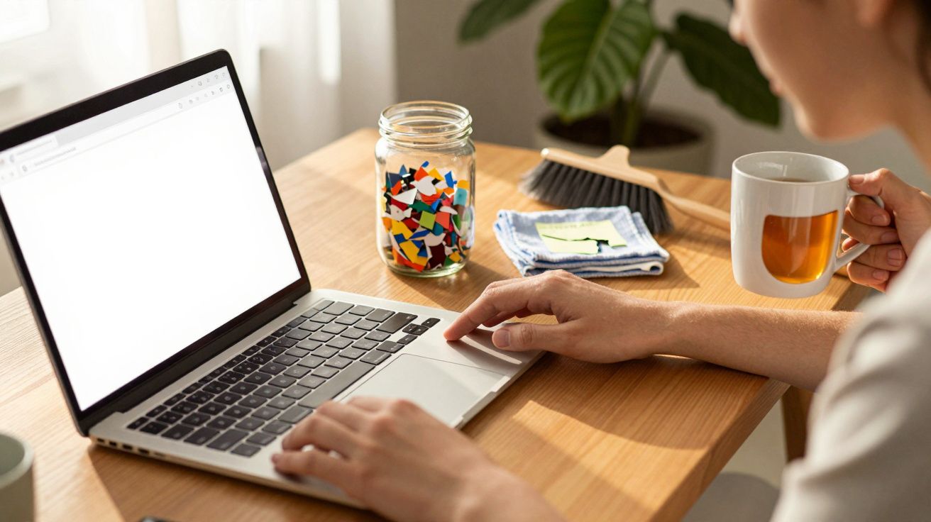 Pessoa usando portátil com ecrã branco, segurando chá. Mesa tem frasco com peças coloridas e planta ao fundo.