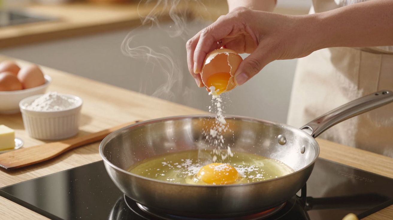 Pessoa a partir um ovo numa frigideira quente com vapor a subir, ao lado de mais ingredientes na bancada.