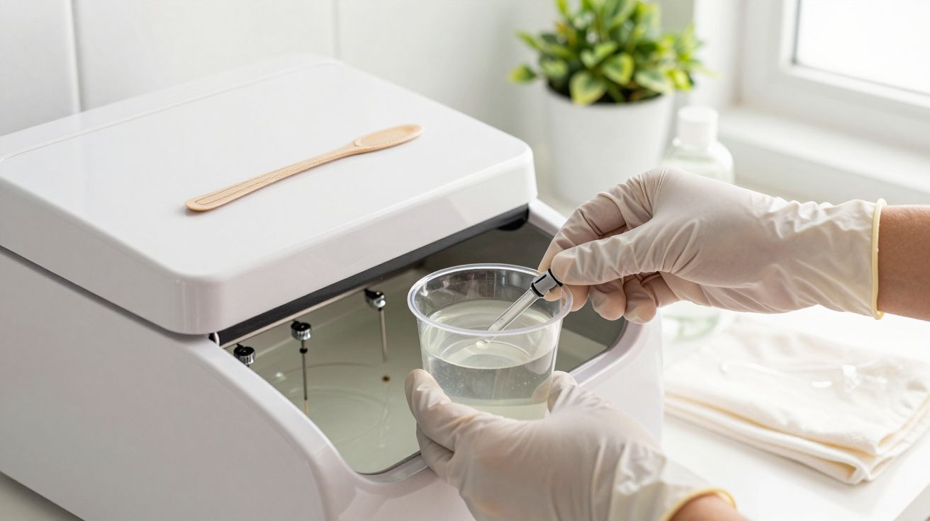 Pessoa com luvas mergulha objeto em copo de água perto de máquina quadrada branca com colher de madeira em cima.