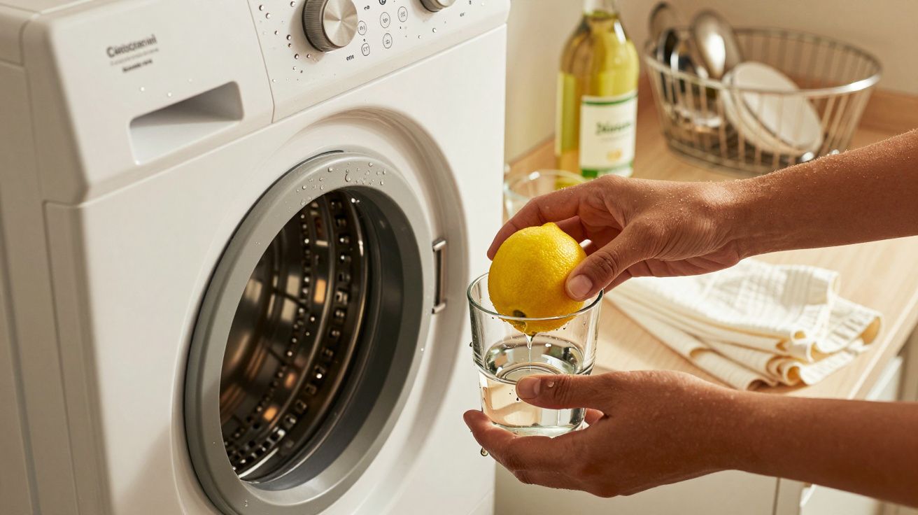 Pessoa espreme limão num copo em frente a máquina de lavar roupa numa cozinha.