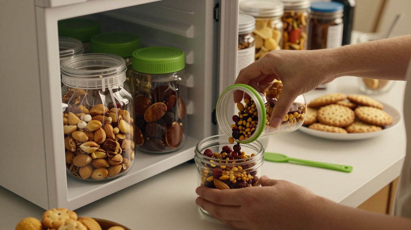Pessoa enche frasco com mistura de frutos secos, ao lado de mais frascos e bolachas sobre a mesa.