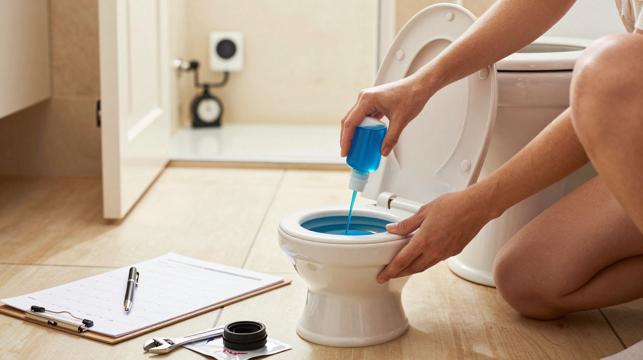 Pessoa aplica líquido azul em sanita aberta, com prancheta e caneta no chão de casa de banho.