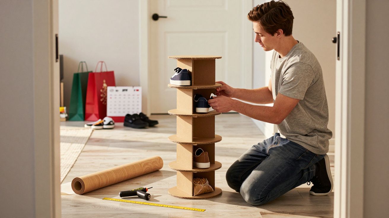 Homem ajoelhado organiza sapatos numa prateleira de cartão em formato de torre. Materiais de bricolage no chão.