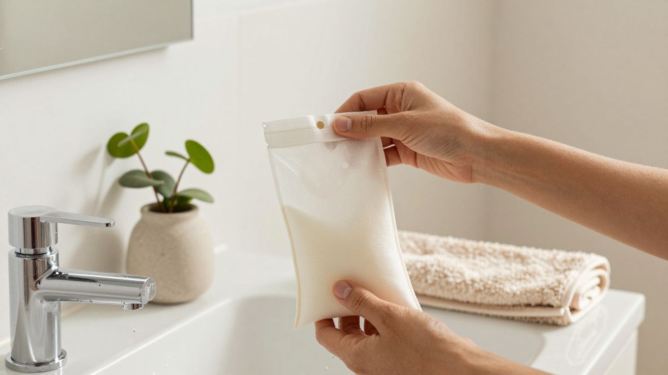 Mãos seguram um saco reutilizável com líquido branco numa casa de banho, junto a uma torneira e uma planta pequena.