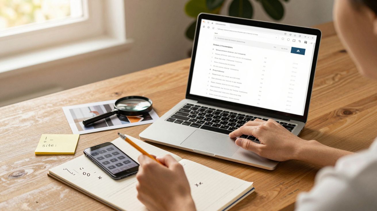 Pessoa escreve em bloco de notas em frente a portátil com lista de tarefas, ao lado de smartphone, lupa e fotos.