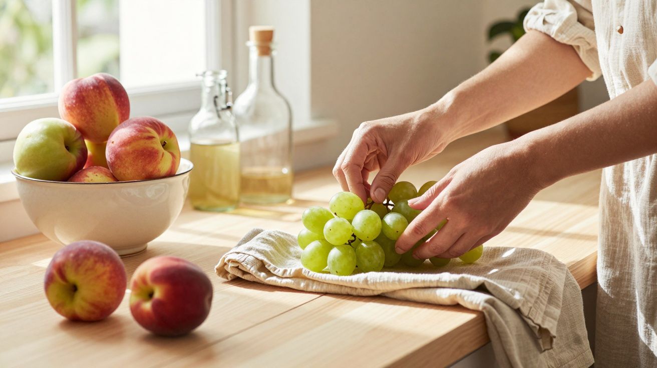 Pessoa a preparar uvas verdes numa bancada de cozinha com maçãs e garrafas de vidro ao fundo.