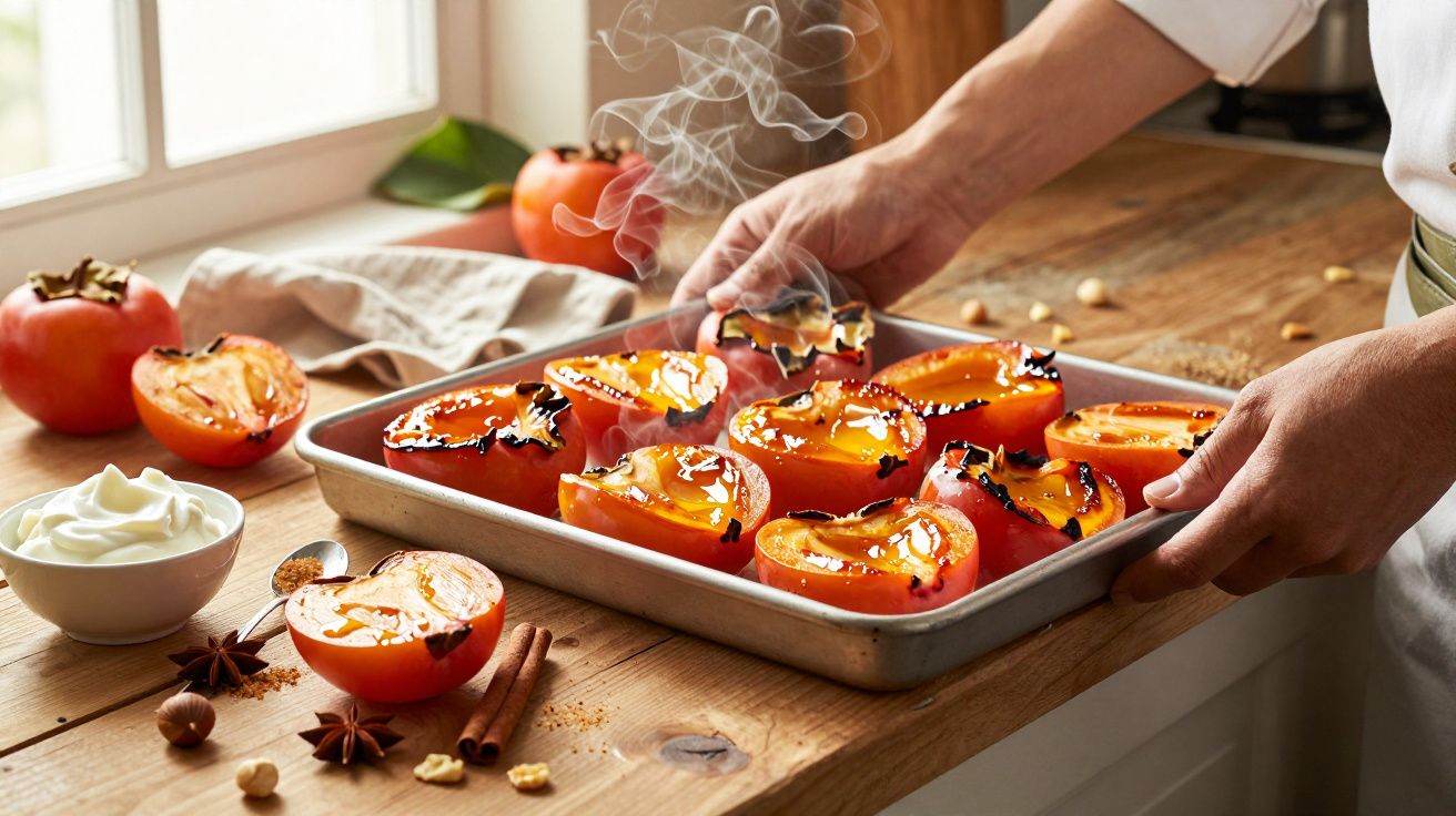 Pessoa a segurar tabuleiro com dióspiros assados em bancada de madeira ao lado de natas e especiarias.