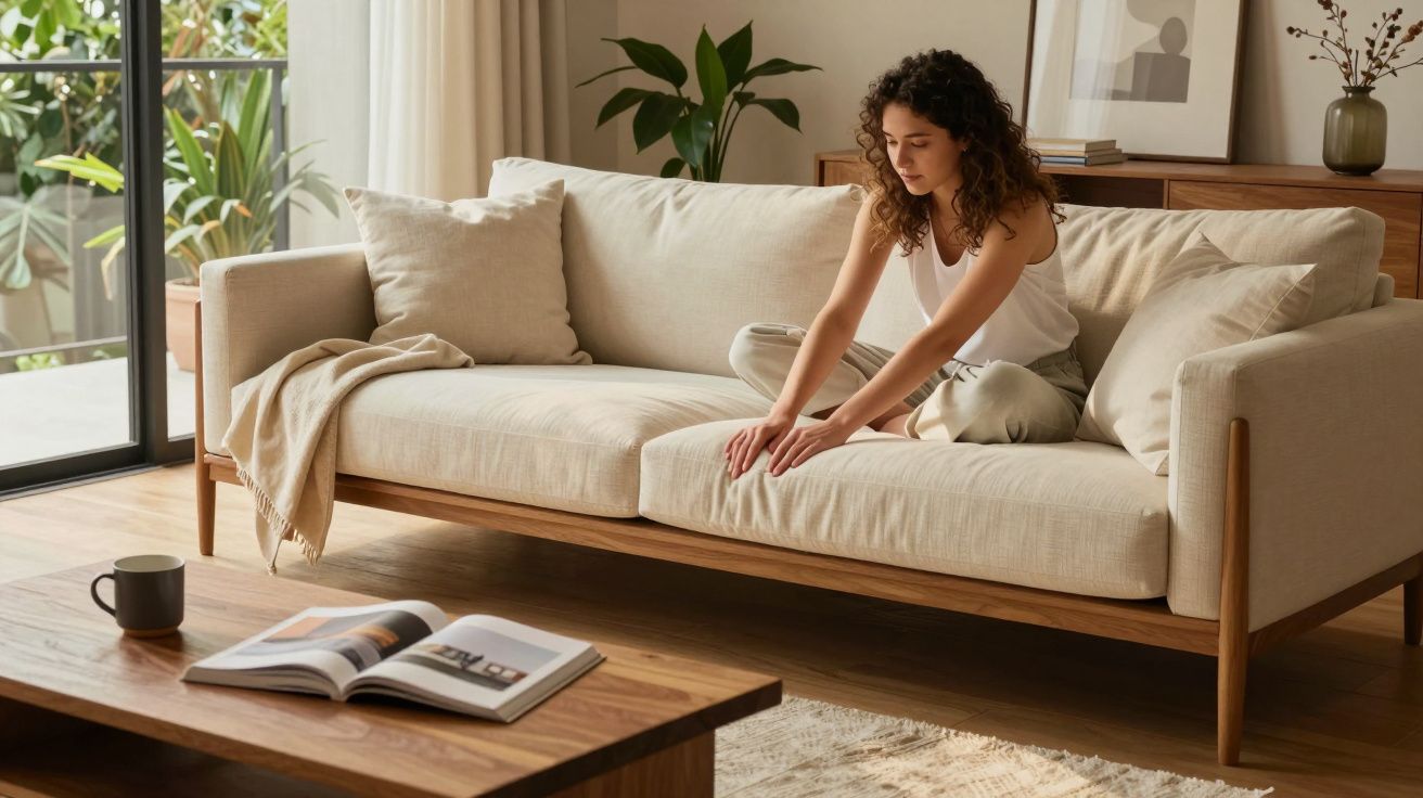 Mulher sentada num sofá claro, num ambiente iluminado, com plantas e uma mesa de café à frente com livro aberto.