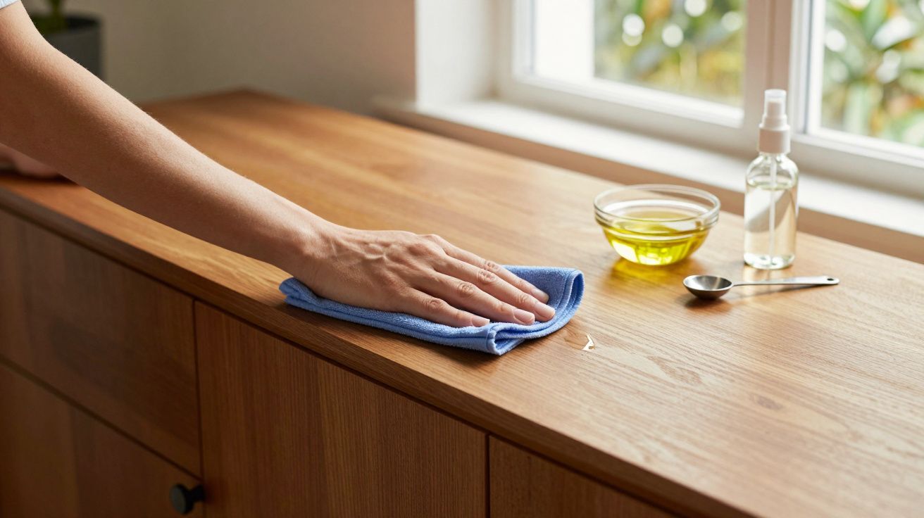 Mão a limpar bancada de madeira com pano azul. Ao lado, tigela com óleo e frasco spray. Janela ao fundo.