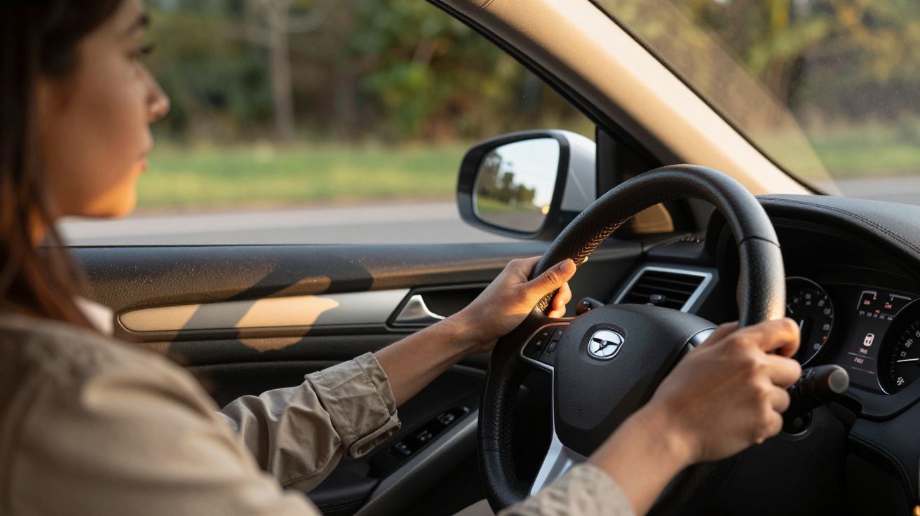 Mulher a conduzir carro em estrada arborizada sob luz suave do entardecer.
