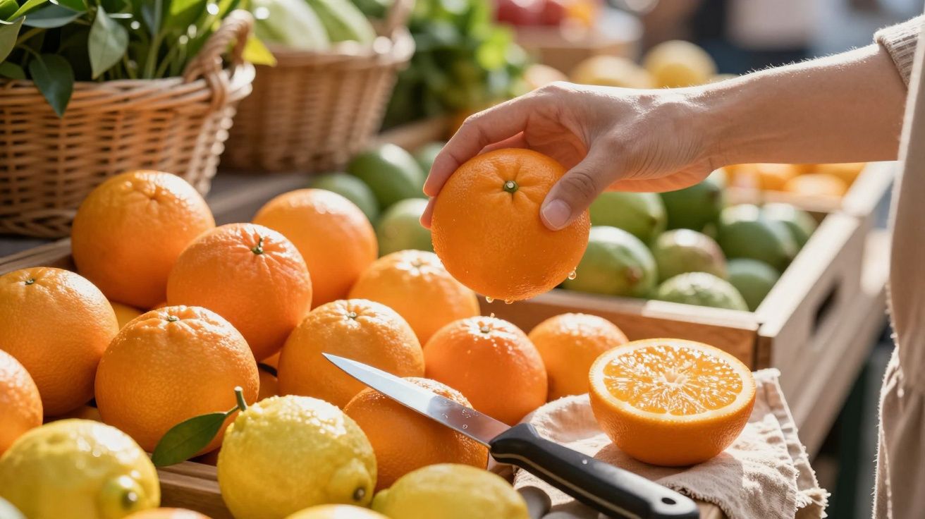 Mão segurando uma laranja fresca em mercado de frutas, com outras laranjas, limões e uma faca ao redor.