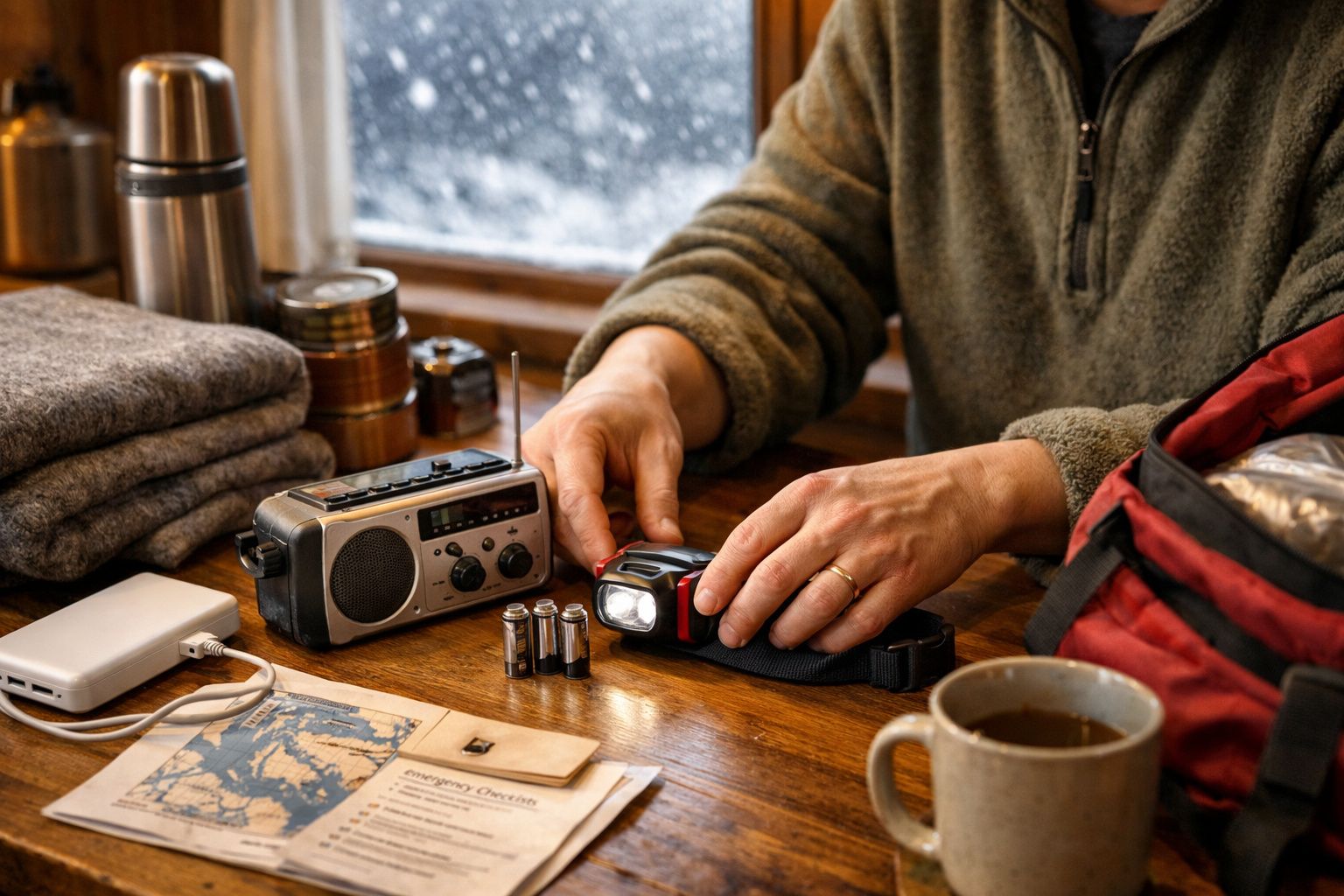 Pessoa prepara lanterna e rádio portátil numa mesa com mapas, cobertores e caneca, com janela mostrando neve.