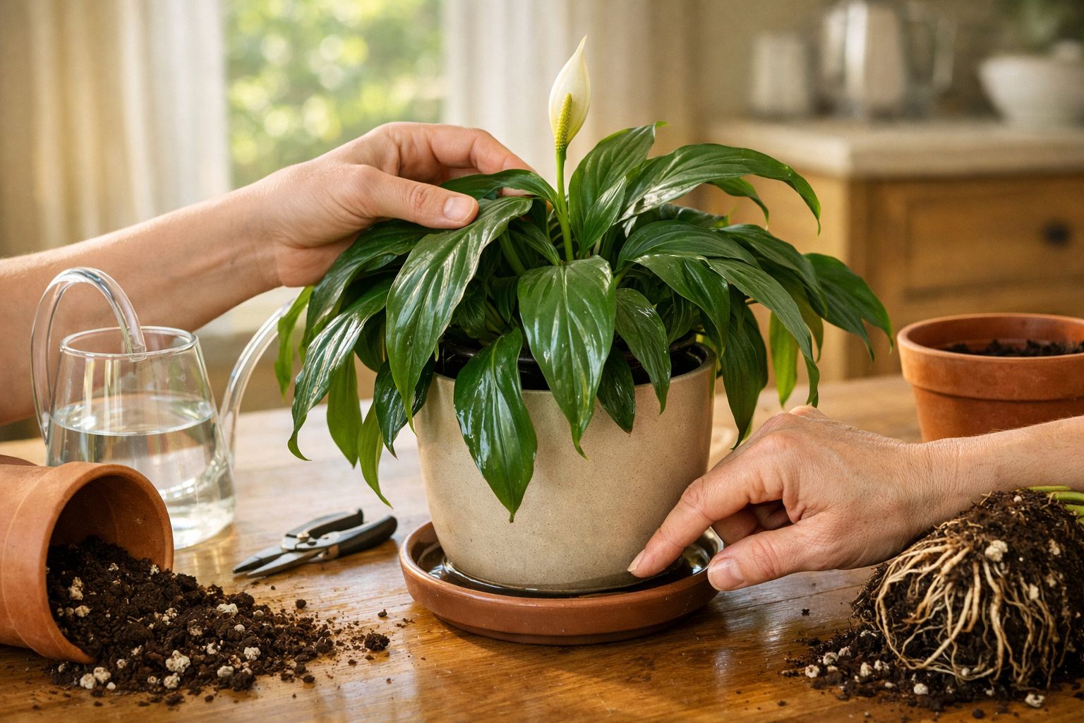 Mãos seguram planta num vaso com raízes expostas, terra e ferramentas sobre a mesa.