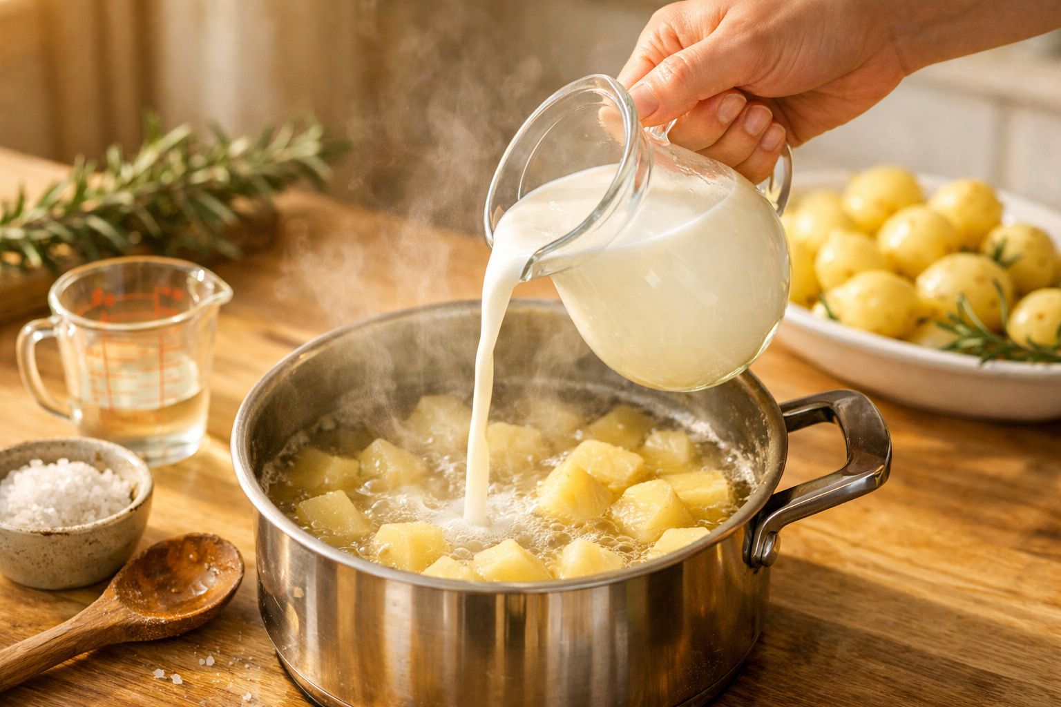 Mãos despejam leite numa panela com batatas em água a ferver, ao lado de ramos de alecrim e um frasco de sal.