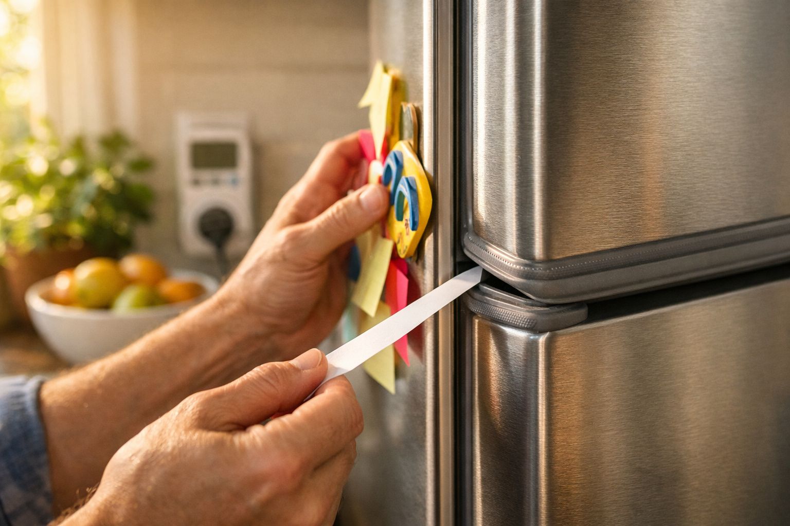 Mulher segura nota no frigorífico com lista de compras. Ao lado, contador de energia e termómetro de forno.