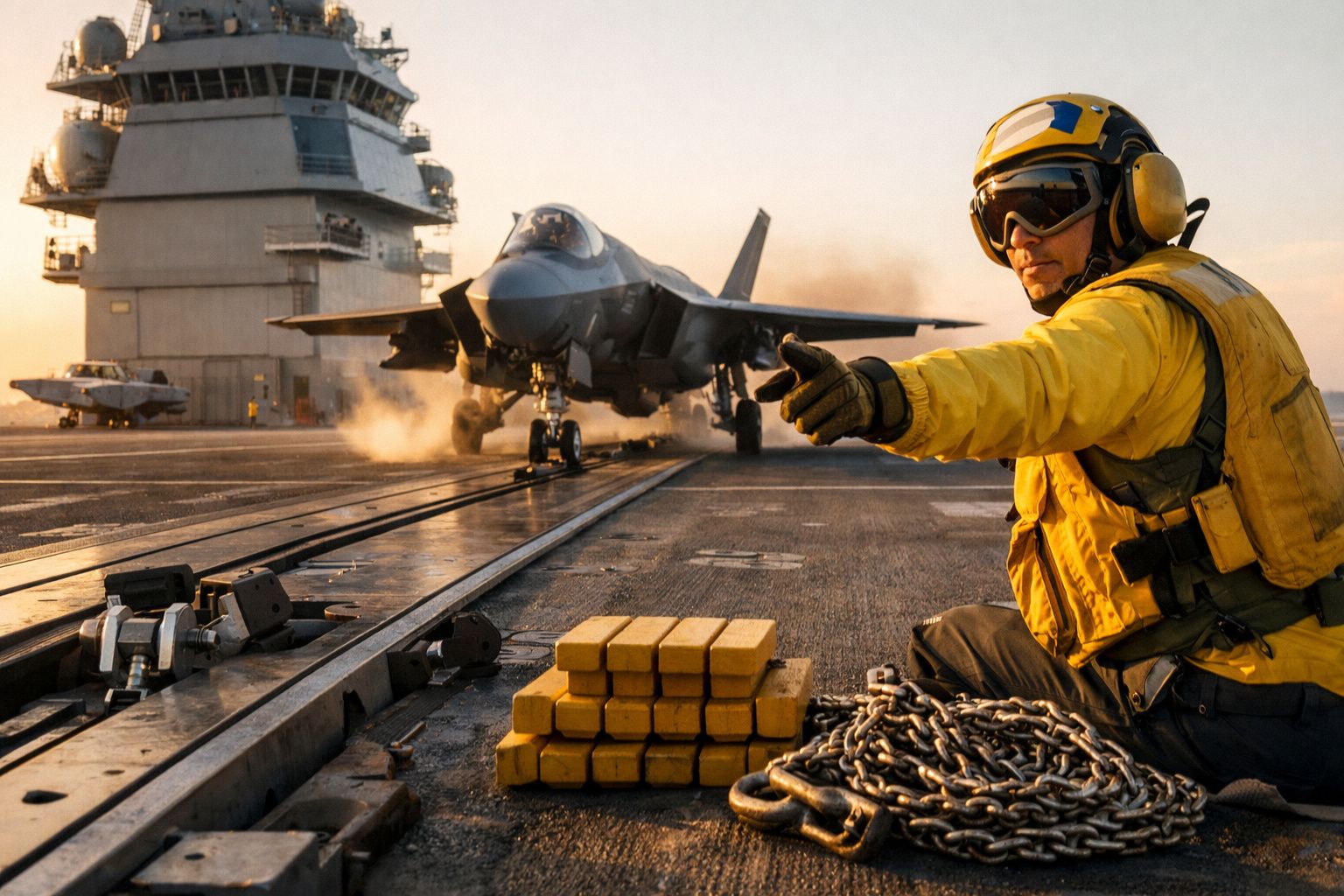 Operador de pista sinaliza polegar para cima enquanto jato de combate F-35 se prepara para decolar de porta-aviões ao pôr do 