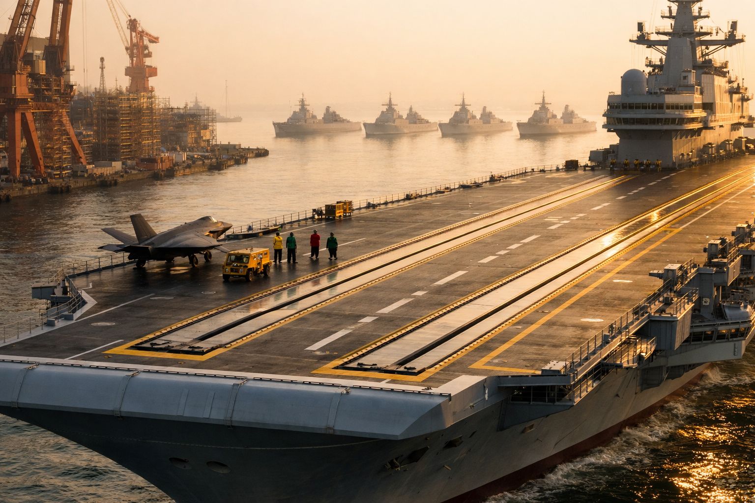 Porta-aviões num porto ao pôr do sol com caças a jato e pessoas no convés, navios militares ao fundo.