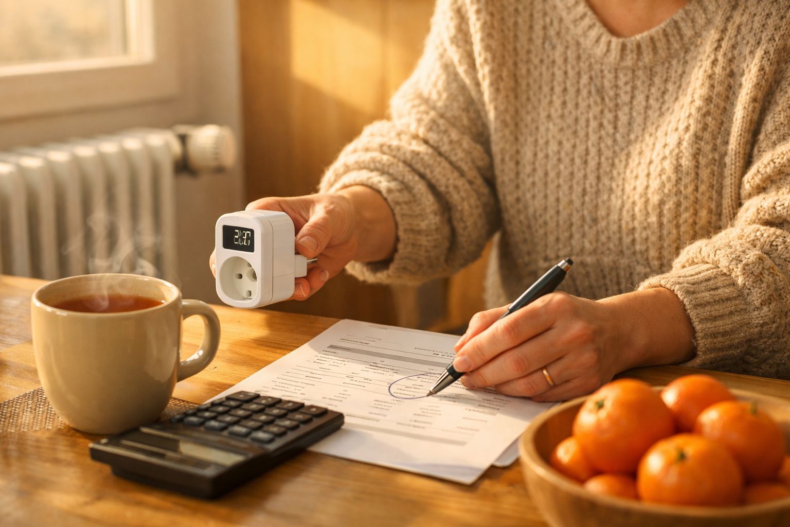 Pessoa revê contas com um copo de chá na mesa e um contador de energia na mão.