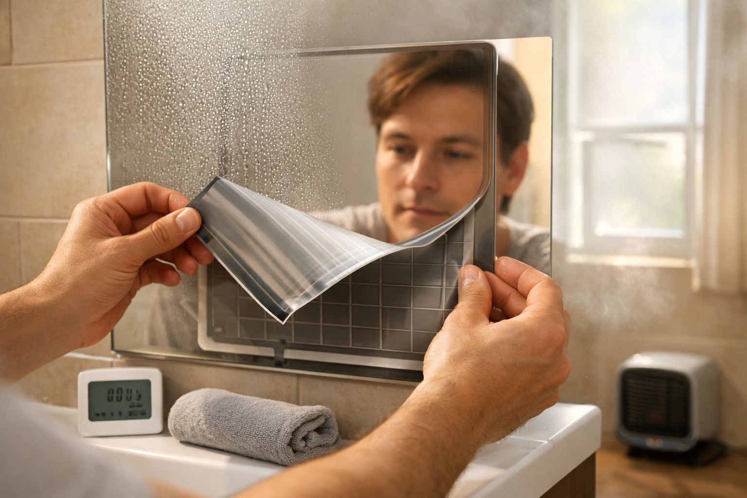 Homem aplica película anti-embaciamento em espelho de casa de banho com toalha e temporizador ao lado.