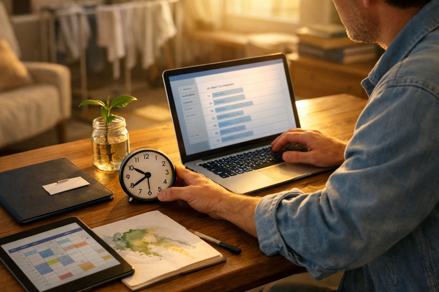 Homem a trabalhar num portátil com tabelas, segurando um relógio; tablet e bloco de notas na mesa de madeira.