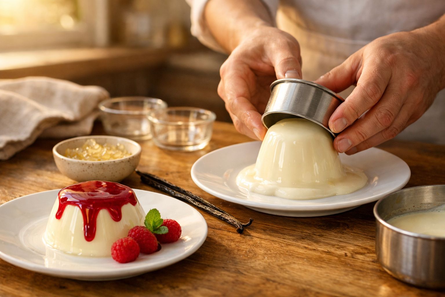 Mãos desenformam panna cotta. Panna cotta com calda de framboesa e framboesas frescas ao lado, sobre mesa de madeira.