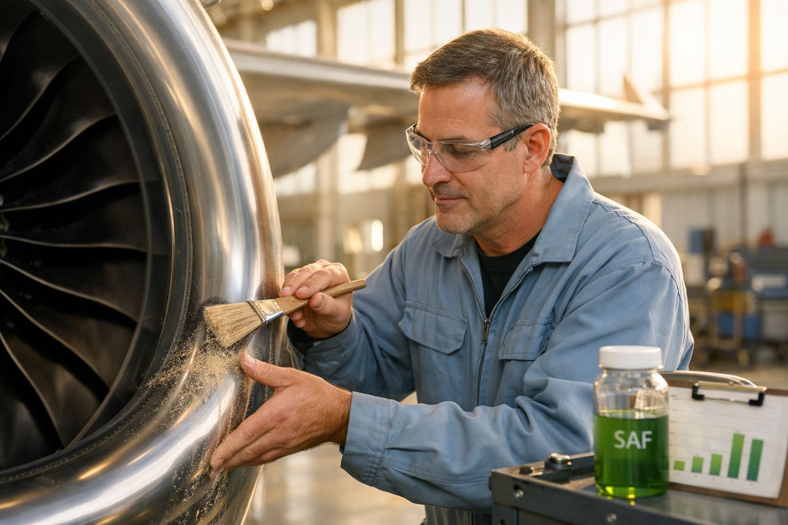 Homem de óculos de segurança limpa turbina de avião com pincel.