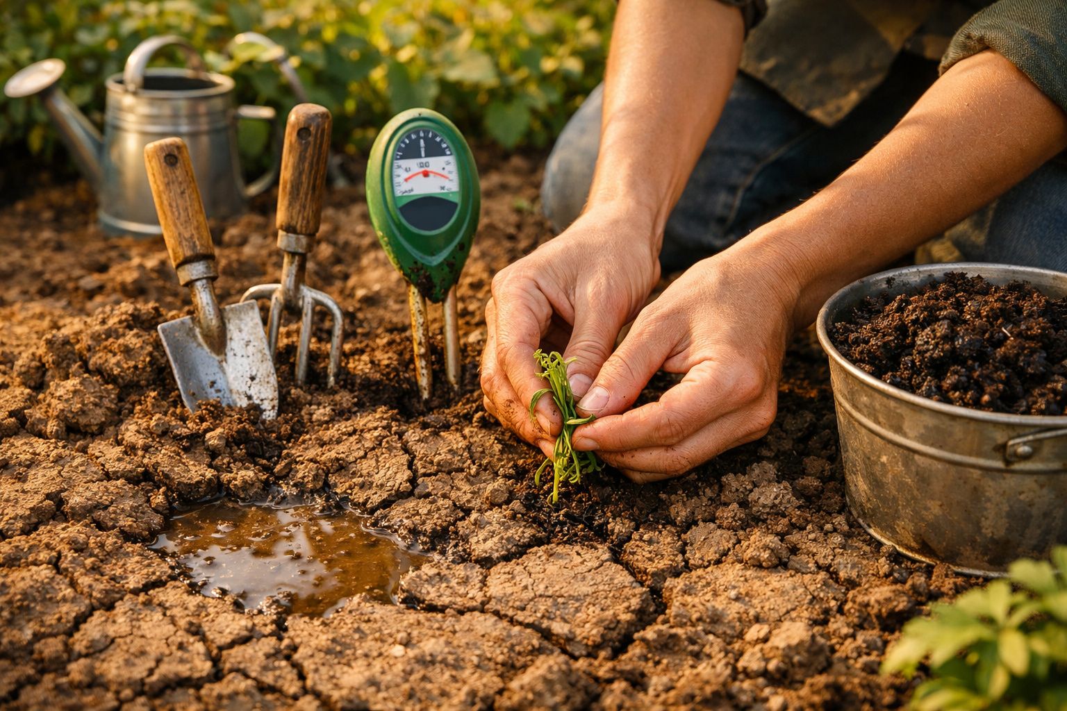Mãos a plantar sementes em solo húmido, com ferramentas de jardinagem e um balde metálico ao lado.