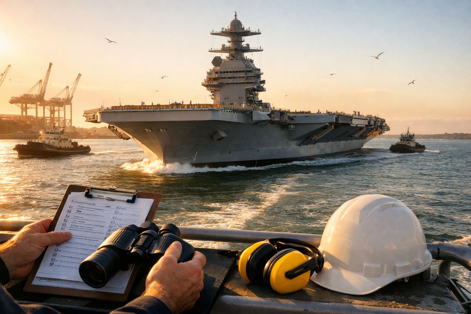 Porta-aviões navegando no mar ao pôr do sol, acompanhado por um pequeno barco rebocador.
