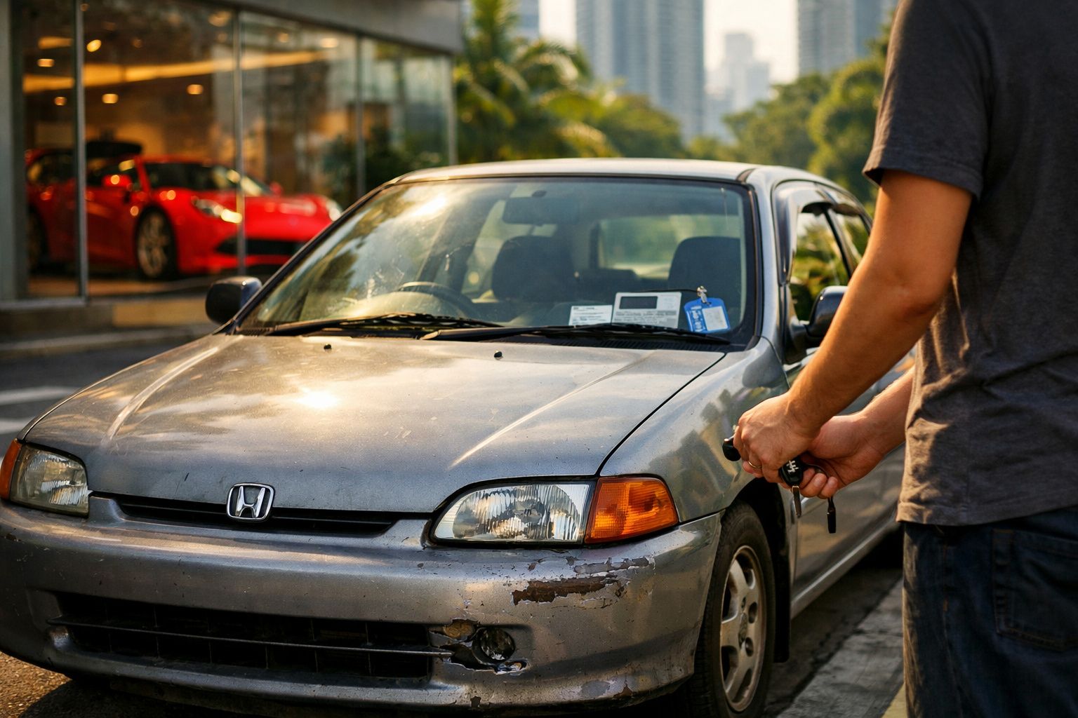Carro azul envelhecido em exposição com placa "COE PAID", mãos segurando chaves e recibo em primeiro plano.