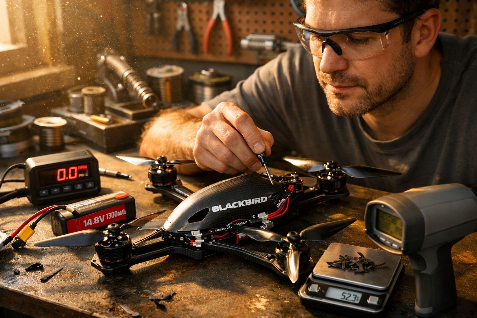 Homem monta um drone numa bancada, usando ferramentas e usando óculos de proteção.