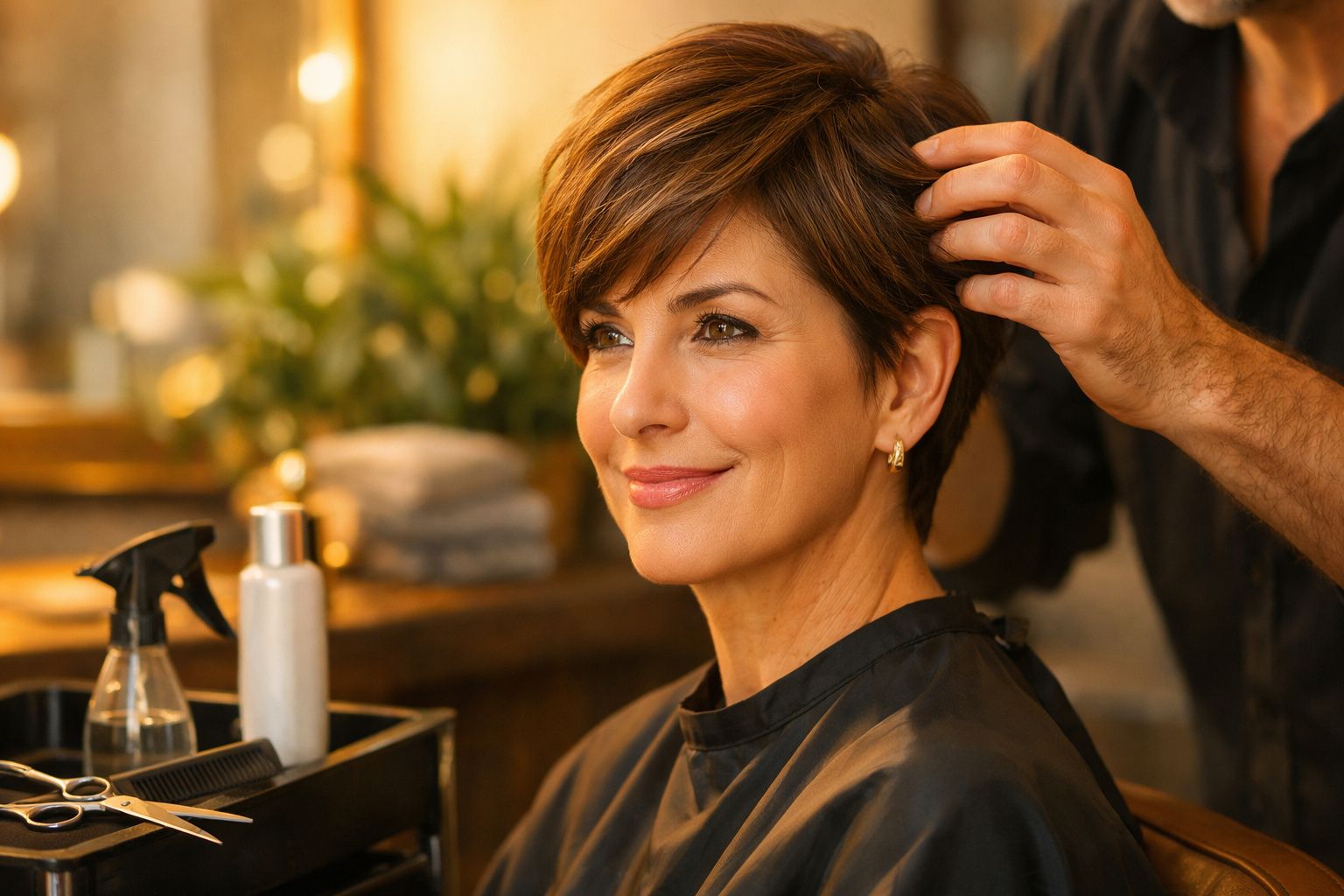 Mulher de cabelo curto a sorrir enquanto cabeleireiro ajusta o penteado num salão bem iluminado.