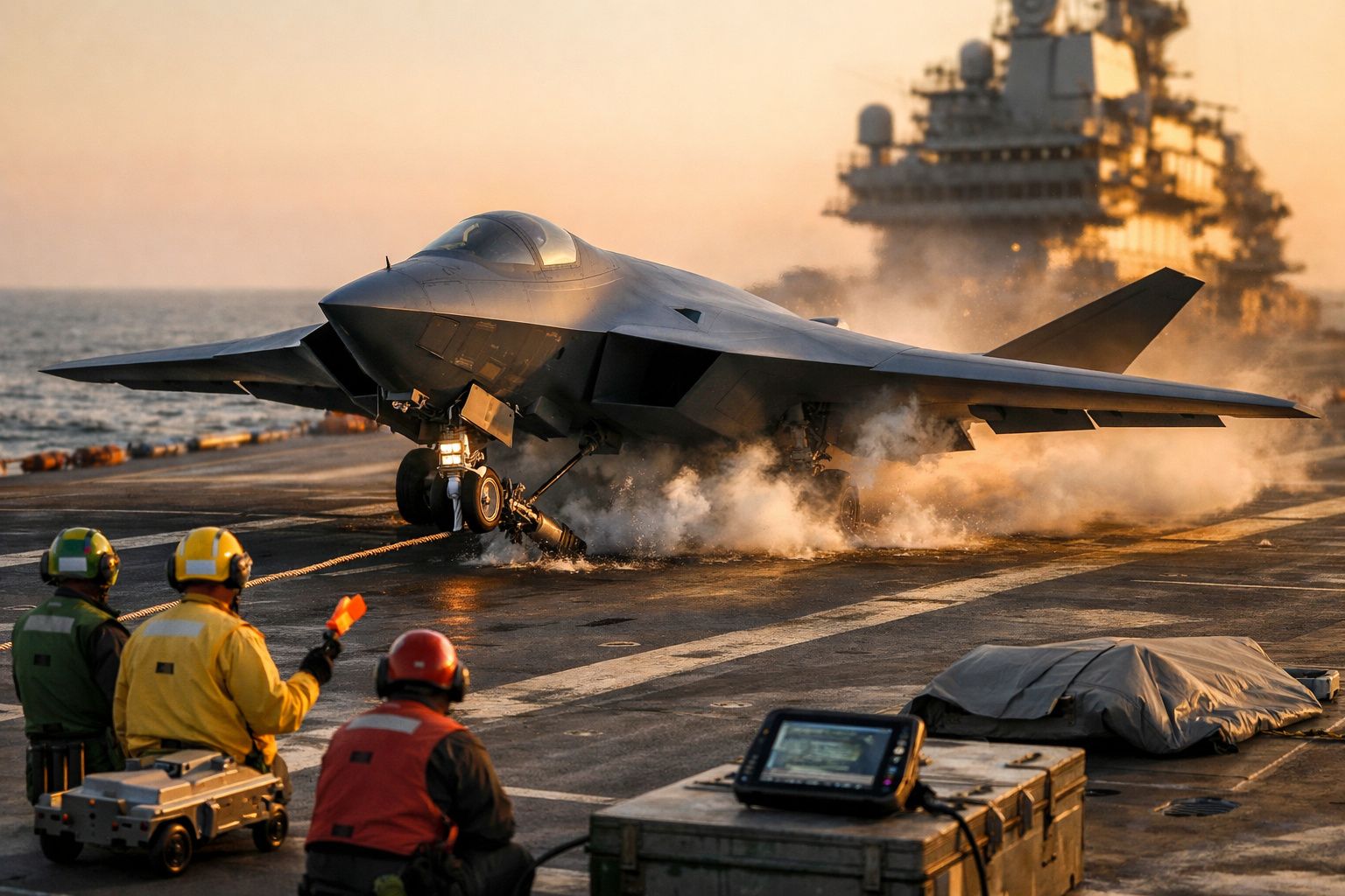 Avião a jato decolando de porta-aviões com tripulação ao redor, sob a luz do pôr do sol.