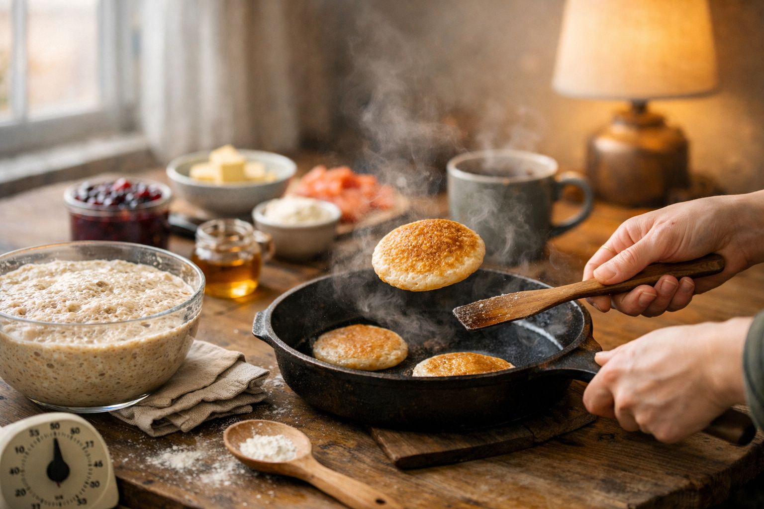 Pessoa a virar panquecas numa frigideira, com ingredientes e bebidas sobre a mesa rústica ao fundo.