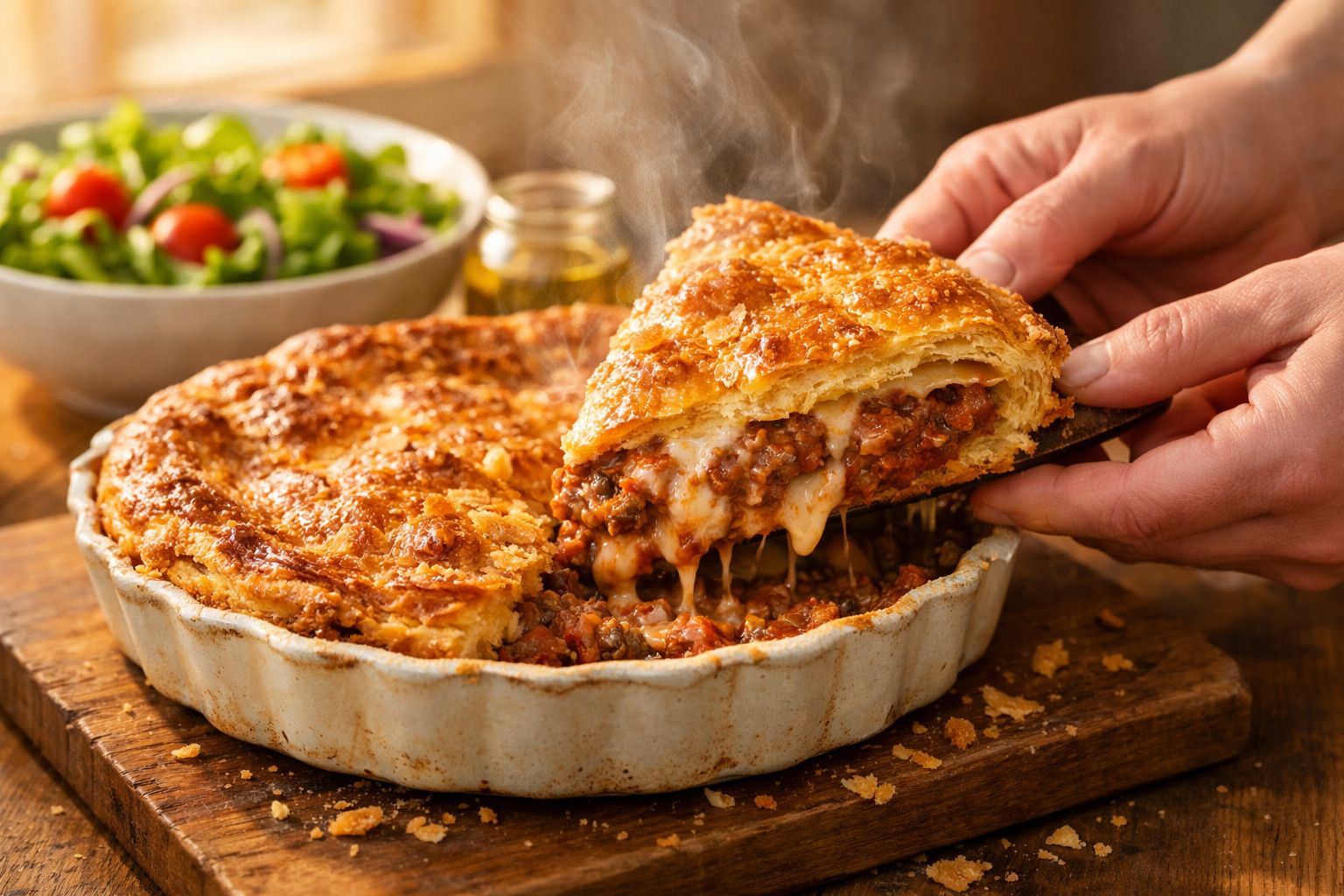 Tarte de carne com massa dourada a ser servida, com salada fresca ao fundo.